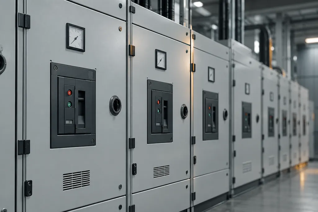 Front of metal-clad medium-voltage switchgear panels