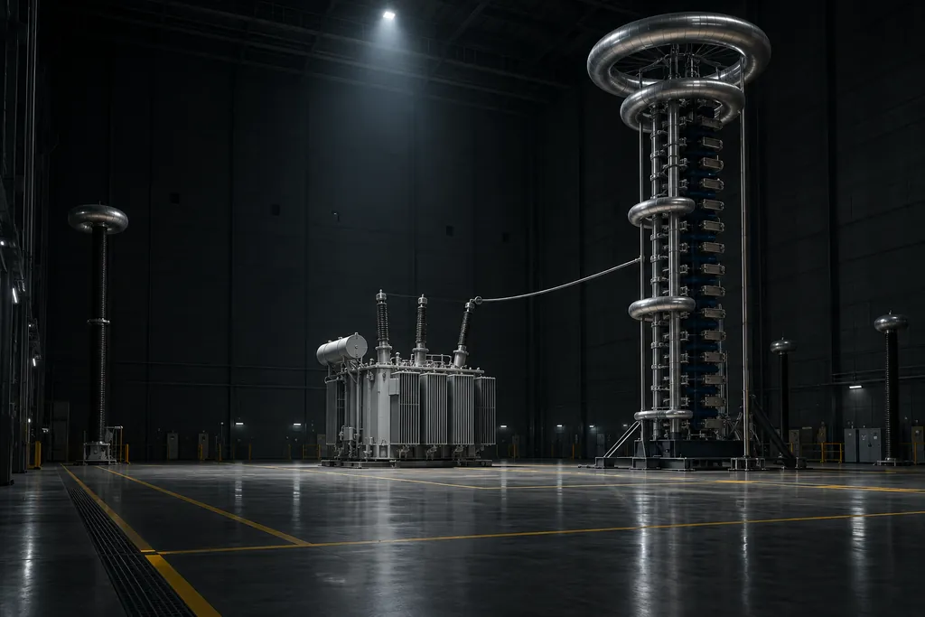 Power transformer under test beside an impulse voltage generator in a high-voltage laboratory