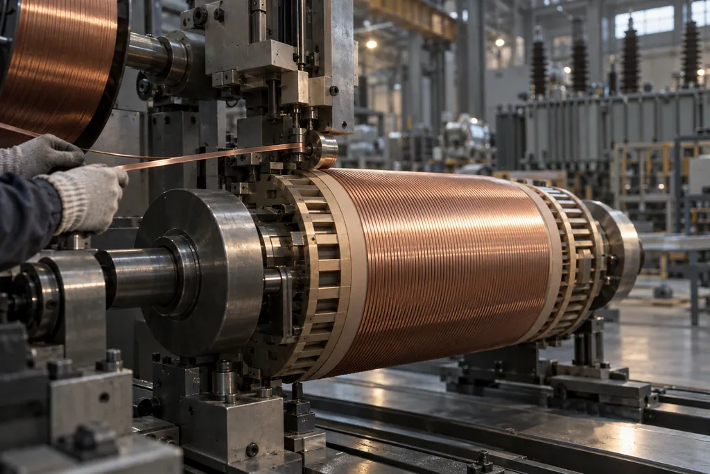 Transformer coil on a winding machine in the factory
