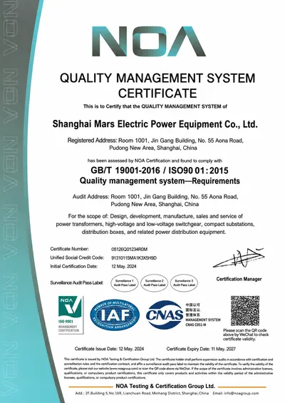 ISO 9001:2015 quality management system certificate issued to Shanghai Mars Electric Power Equipment by NOA