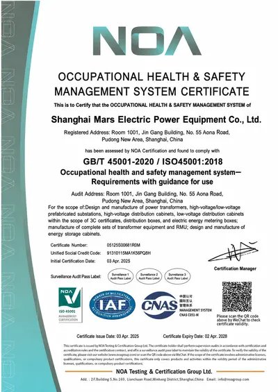 ISO 45001:2018 occupational health and safety certificate issued to MARS by NOA