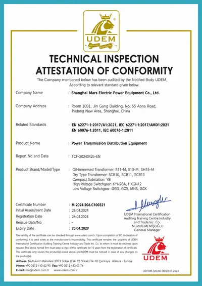 UDEM technical inspection attestation of conformity to EN 62271-1 and EN 60076-1 for MARS transformers and switchgear