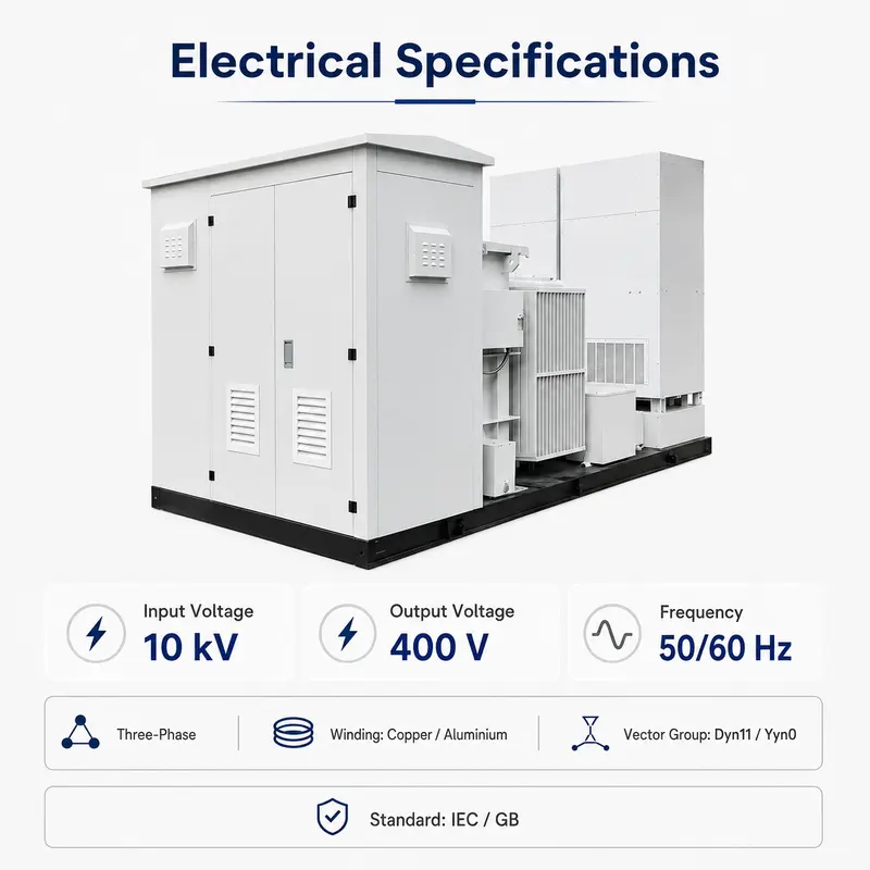 10/0.4 kV PV Inverter Boosting Box Substation (America Type) — specification and nameplate detail