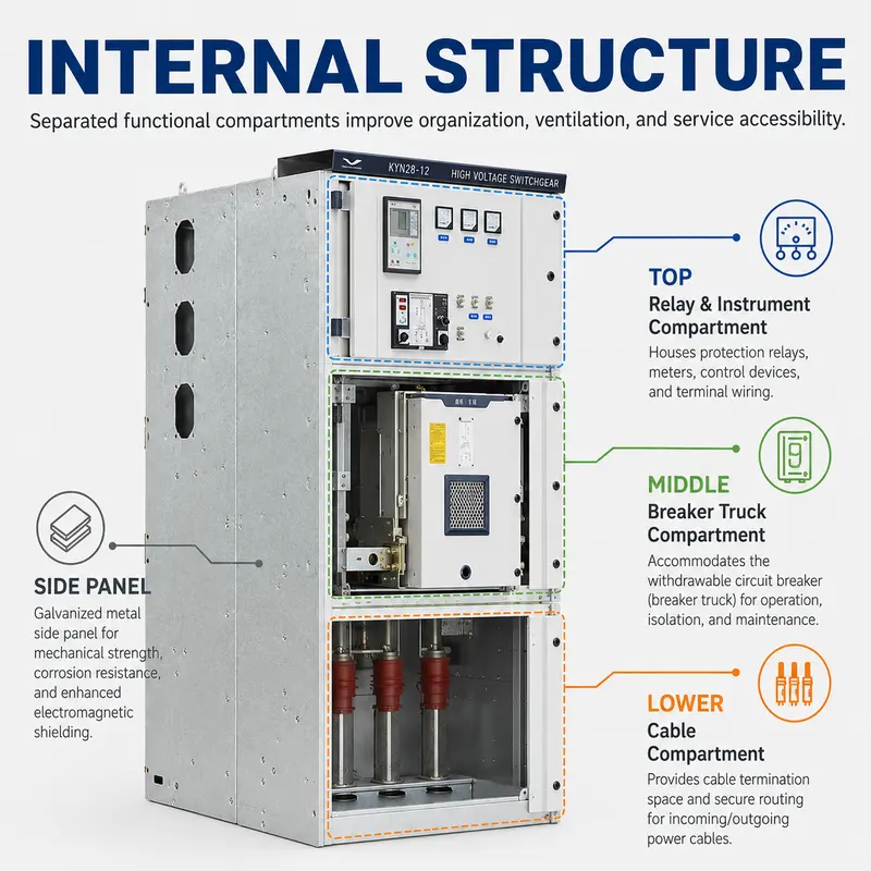 10–33kV Metal-Clad MV/HV Switchgear Cabinet (4000A, KYN28 Type, IP65) — internal structure