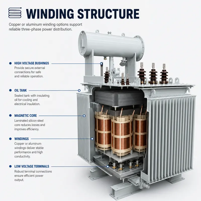 100–1600kVA 11/13.8/22/30/33kV Three-Phase Oil-Immersed Power Transformer — internal structure