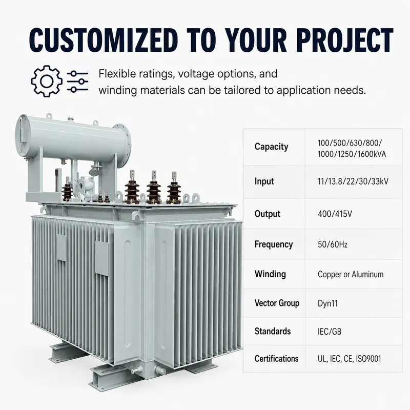 100–1600kVA 11/13.8/22/30/33kV Three-Phase Oil-Immersed Power Transformer — customisation options