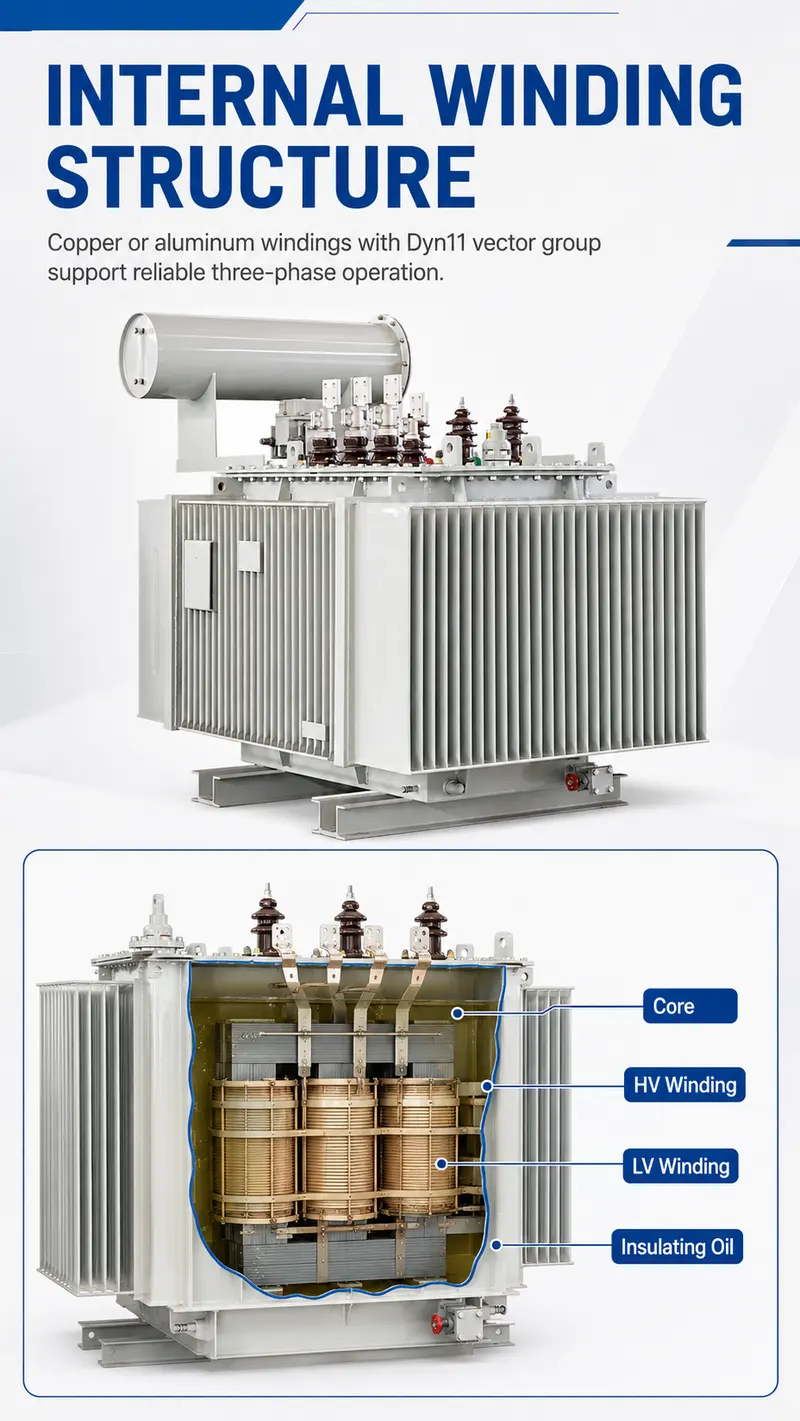 100–2000kVA 33/35kV Three-Phase Oil-Immersed Distribution Transformer — internal structure