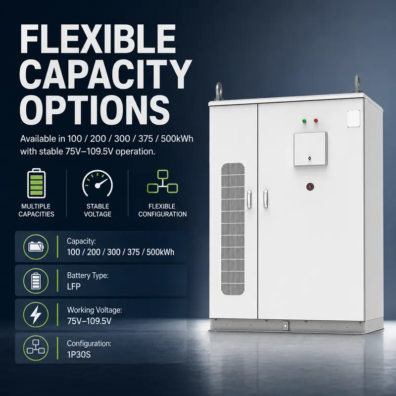100–500kWh Liquid-Cooled Lithium Battery Energy Storage Cabinet — specification and nameplate detail
