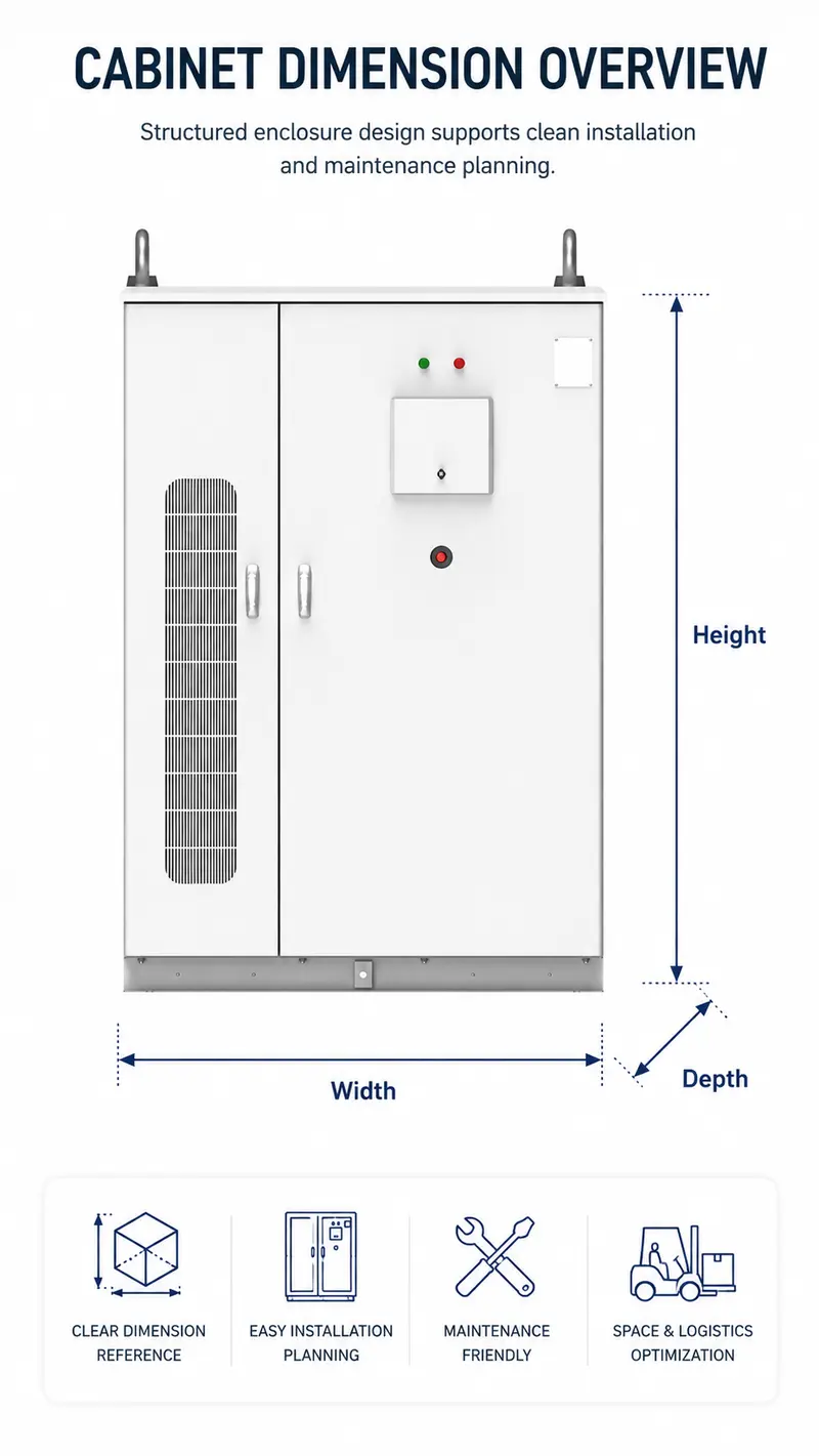 100–500kWh Liquid-Cooled Lithium Battery Energy Storage Cabinet — dimensions and layout