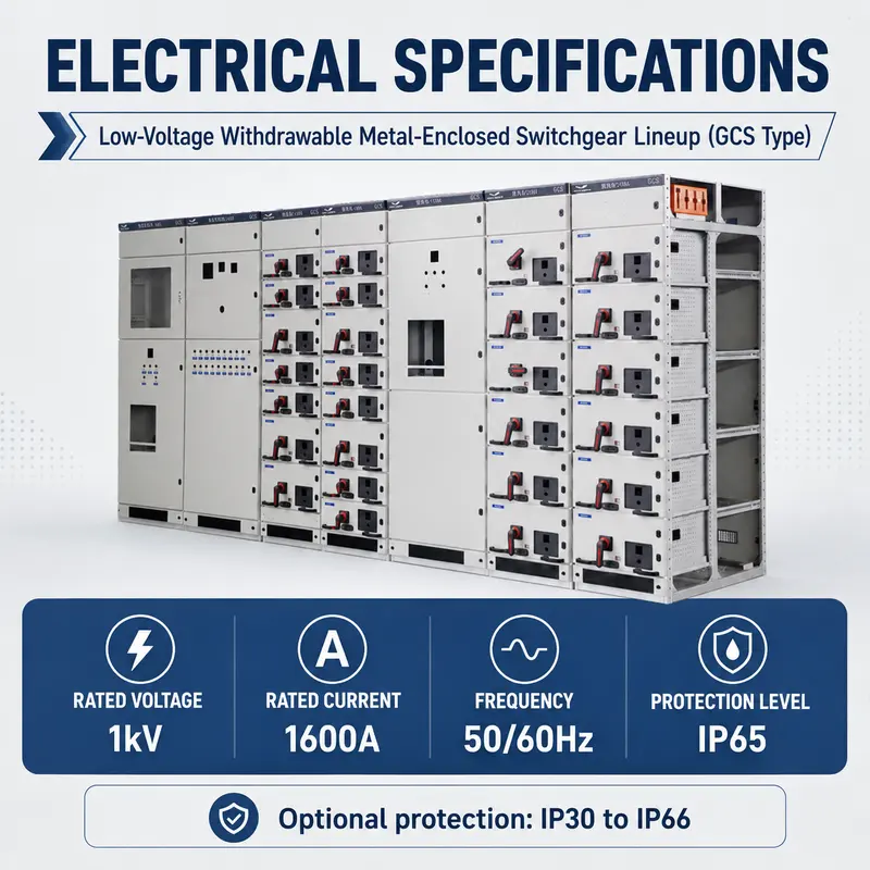 1000V Low Voltage Withdrawable Switchgear Panel (1600A, IP65, Galvanized Steel) — specification and nameplate detail