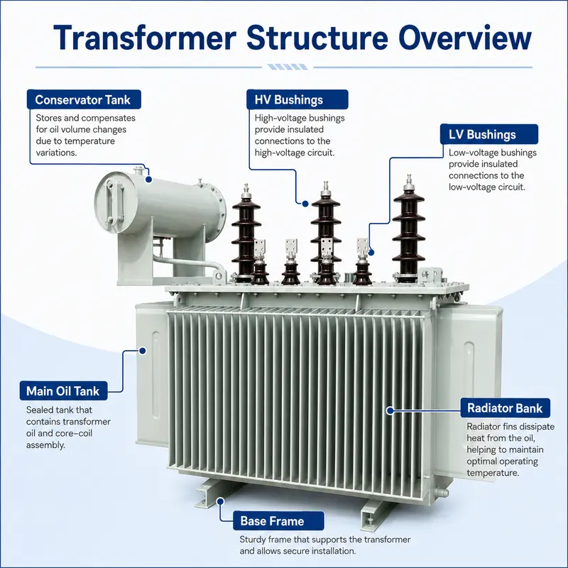11/33kV Three-Phase Oil-Immersed Power Transformer (1000kVA–10MVA, Copper Winding) — dimensions and layout