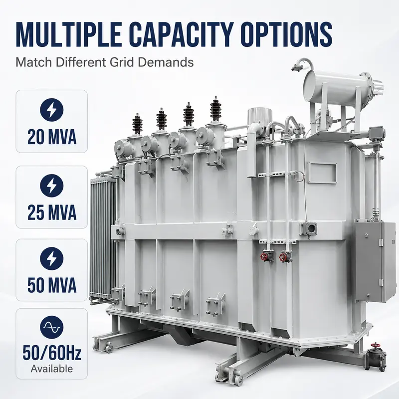 110–115 kV Three-Phase Oil-Immersed Power Transformer 20–50 MVA with OLTC — specification and nameplate detail
