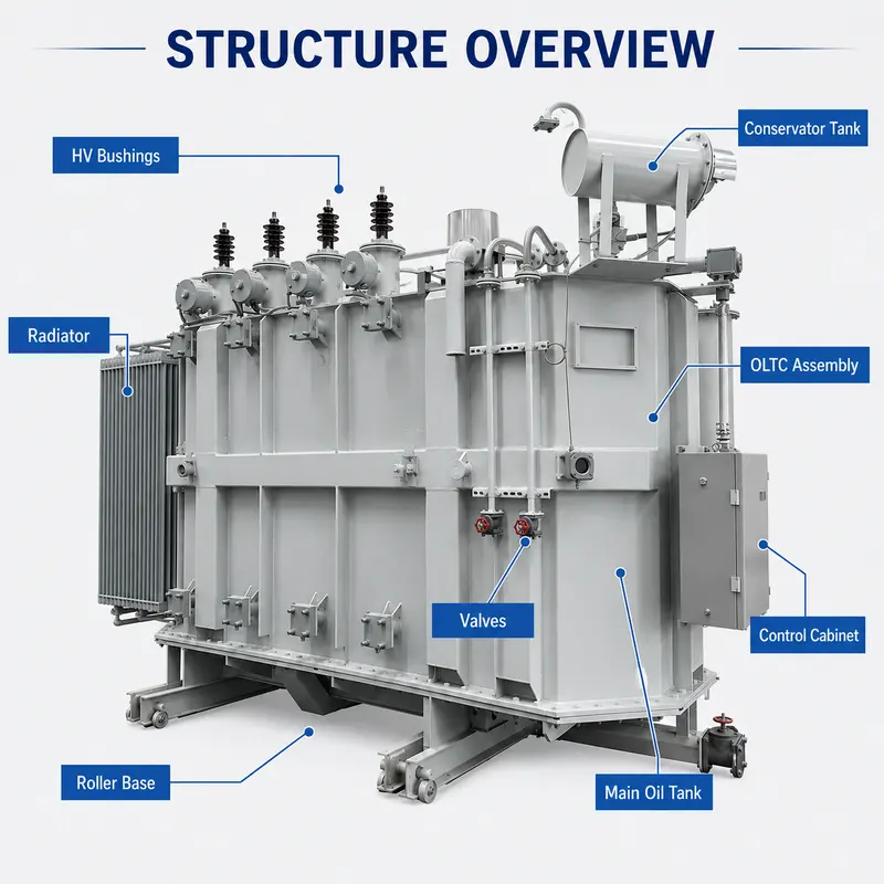 110–115 kV Three-Phase Oil-Immersed Power Transformer 20–50 MVA with OLTC — dimensions and layout