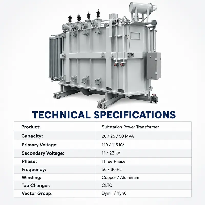 110–115 kV Three-Phase Oil-Immersed Power Transformer 20–50 MVA with OLTC — internal structure