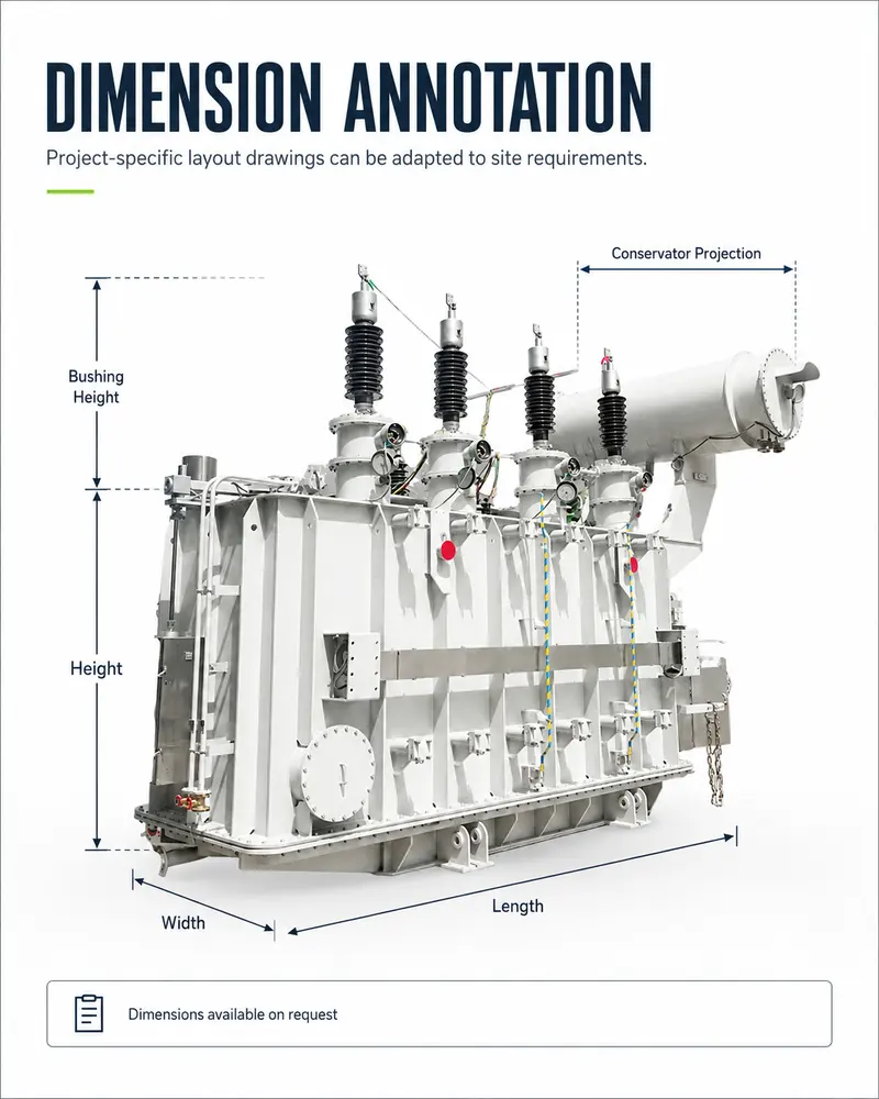 110kV 20MVA Three-Phase Oil-Immersed Power Transformer (110kV / 35kV, Dyn11) — dimensions and layout