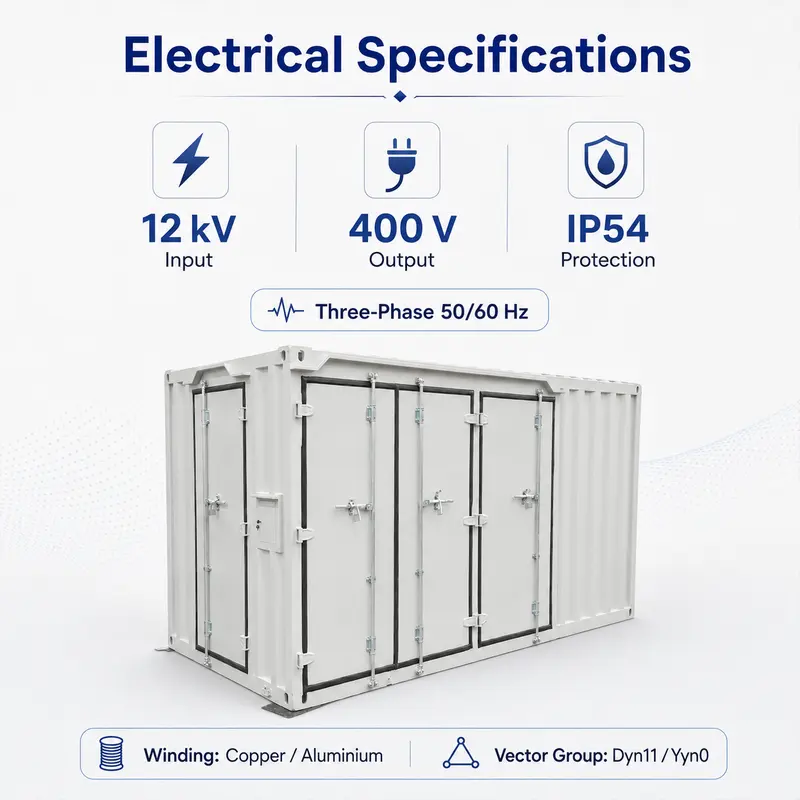 12 kV Prefabricated Container Box Substation — specification and nameplate detail