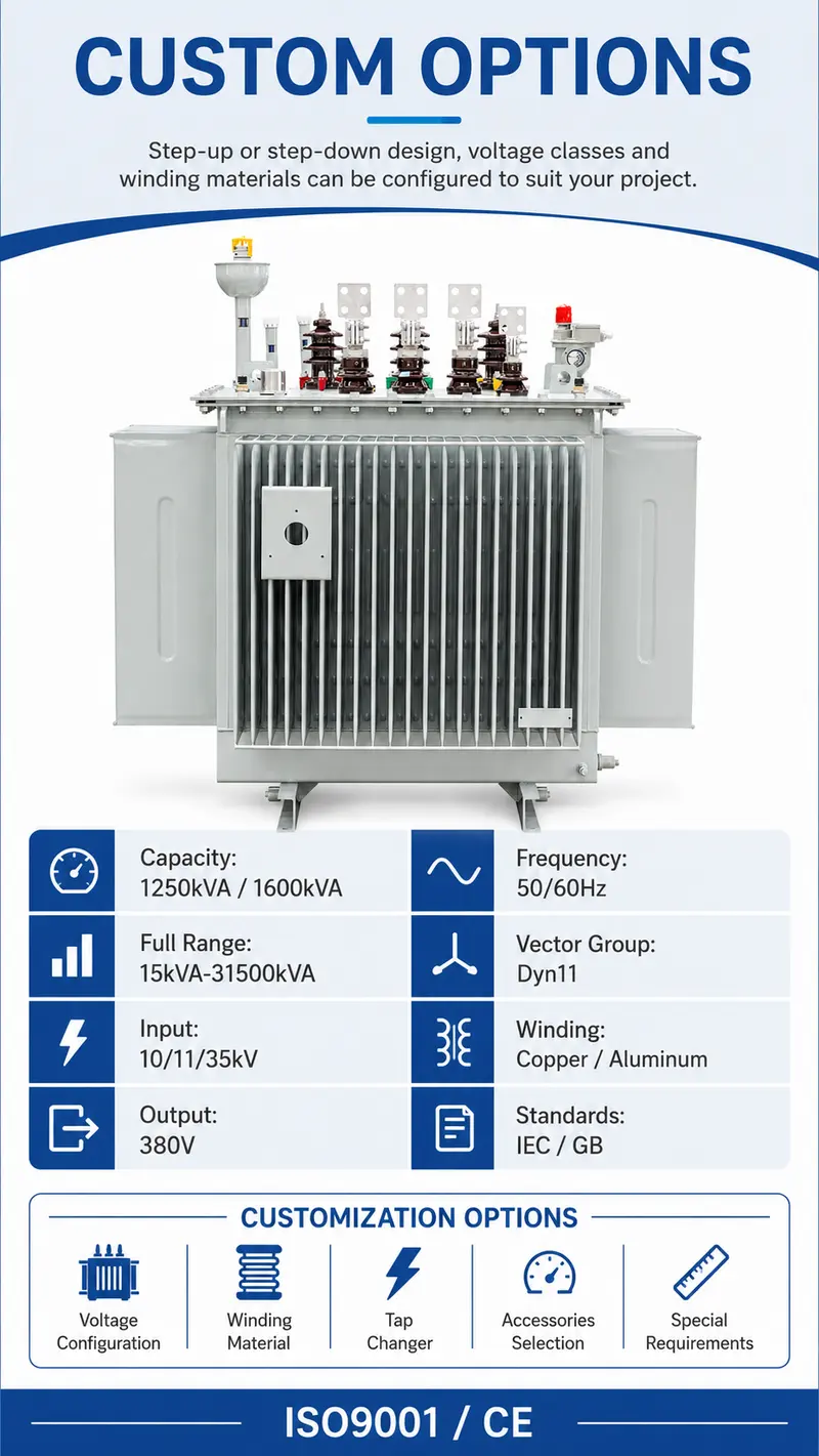 1250kVA & 1600kVA Three-Phase Oil-Immersed Step-Up / Step-Down Power Transformer (CE) — customisation options