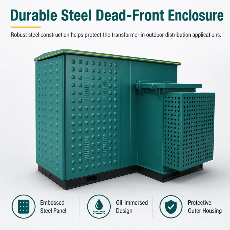 13.8 kV / 480 V American-style Oil-Immersed Pad-Mounted Transformer — construction and materials detail