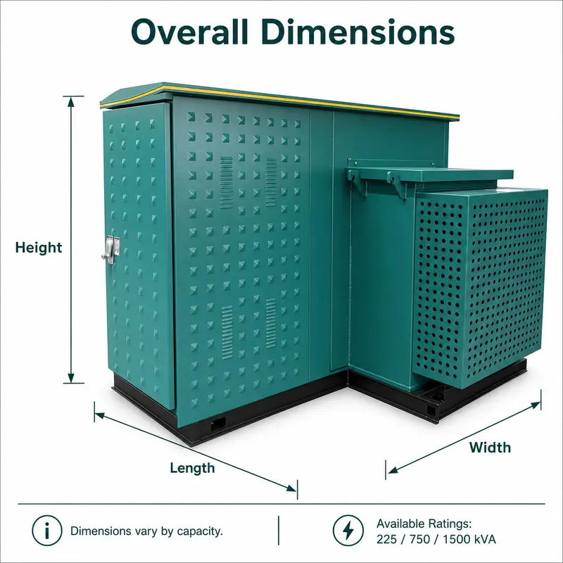 13.8 kV / 480 V American-style Oil-Immersed Pad-Mounted Transformer — dimensions and layout