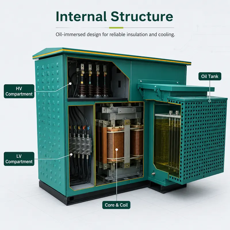 13.8 kV / 480 V American-style Oil-Immersed Pad-Mounted Transformer — internal structure