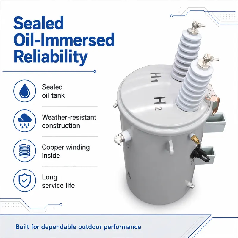 15–333 kVA Single-Phase Oil-Filled Pole-Mounted Distribution Transformer — specification and nameplate detail