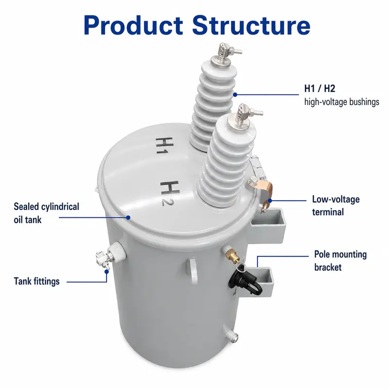 15–333 kVA Single-Phase Oil-Filled Pole-Mounted Distribution Transformer — internal structure
