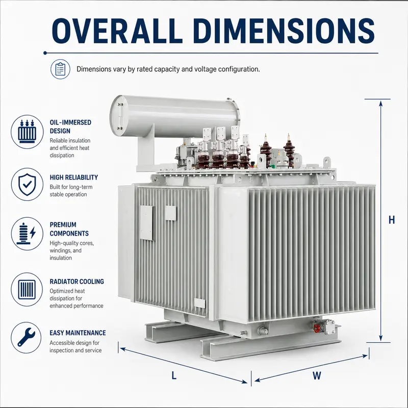 1500–2500kVA 6kV–35kV Variable Three-Phase Oil-Immersed Power Transformer — dimensions and layout