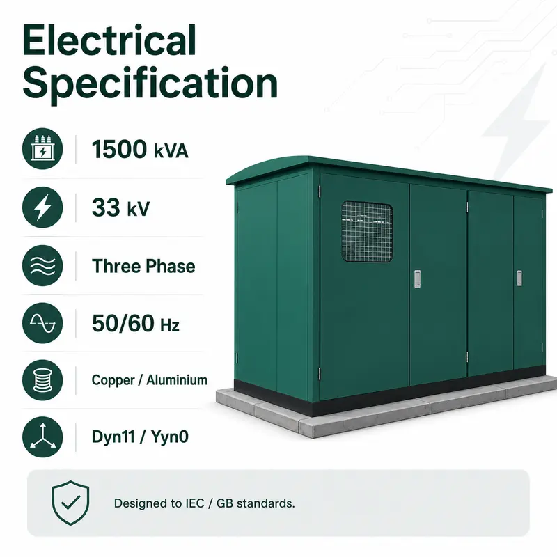 1500 kVA 33 kV Compact European Box-type Substation — specification and nameplate detail