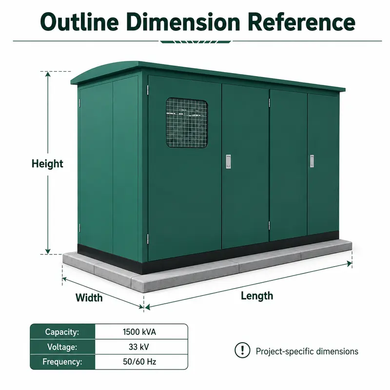 1500 kVA 33 kV Compact European Box-type Substation — dimensions and layout