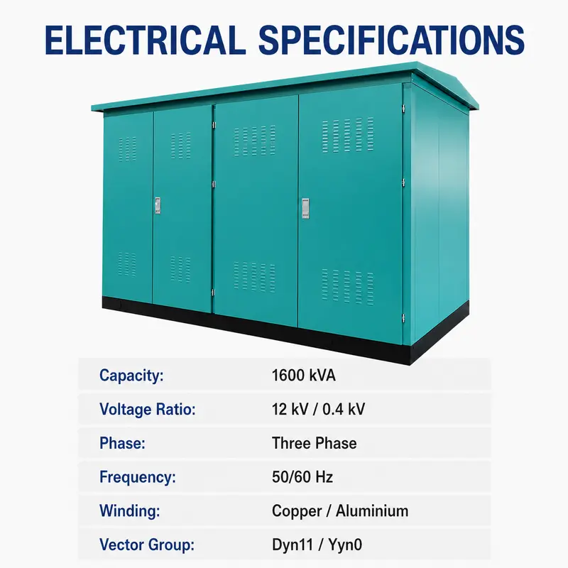 1600 kVA 12/0.4 kV Compact Box Substation — specification and nameplate detail