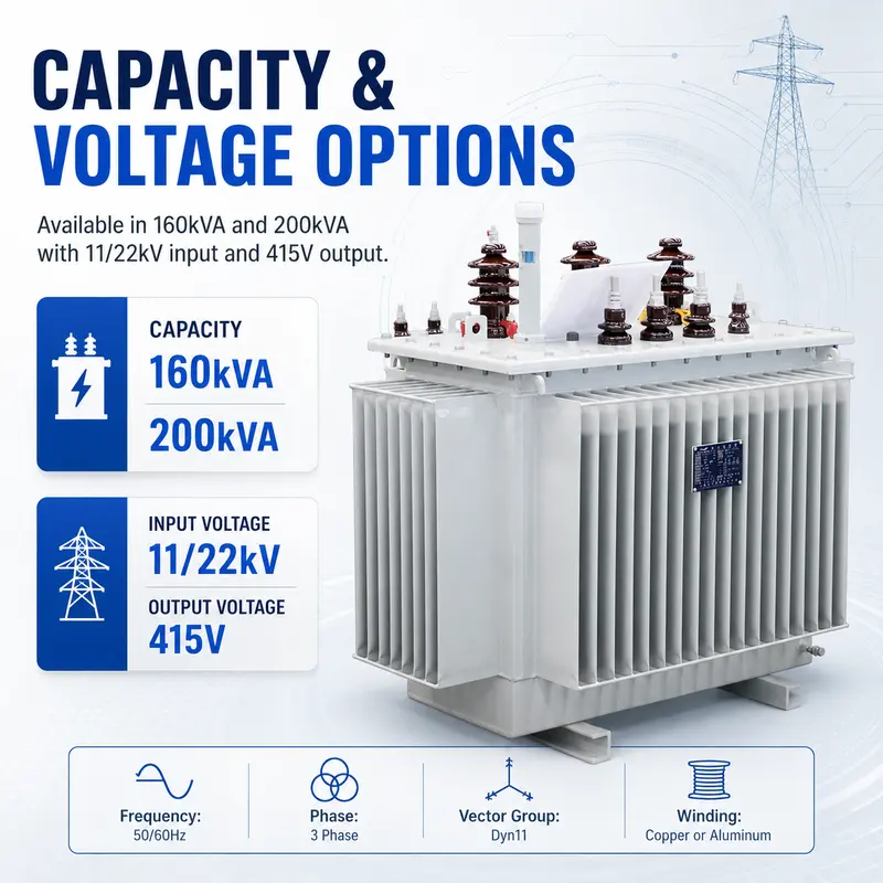 160kVA & 200kVA 11/22kV to 415V Three-Phase Oil-Immersed Distribution Transformer — specification and nameplate detail