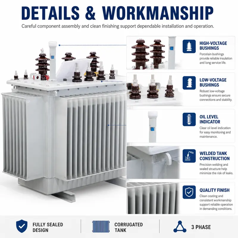 160kVA & 200kVA 11/22kV to 415V Three-Phase Oil-Immersed Distribution Transformer — workmanship detail
