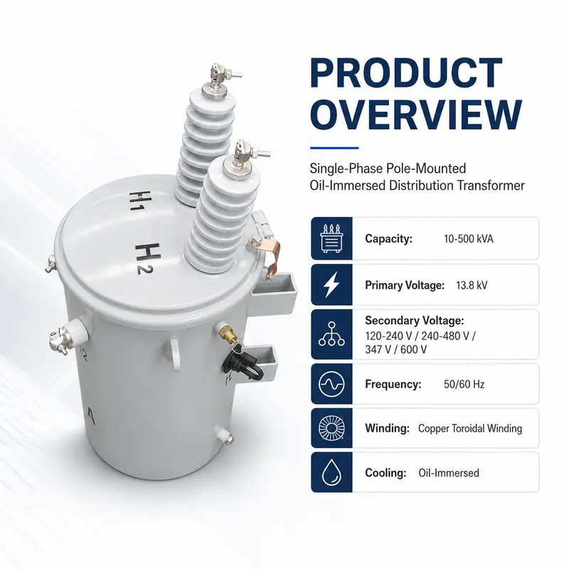 167 kVA Low-Loss Toroidal Single-Phase Pole-Mounted Distribution Transformer — dimensions and layout