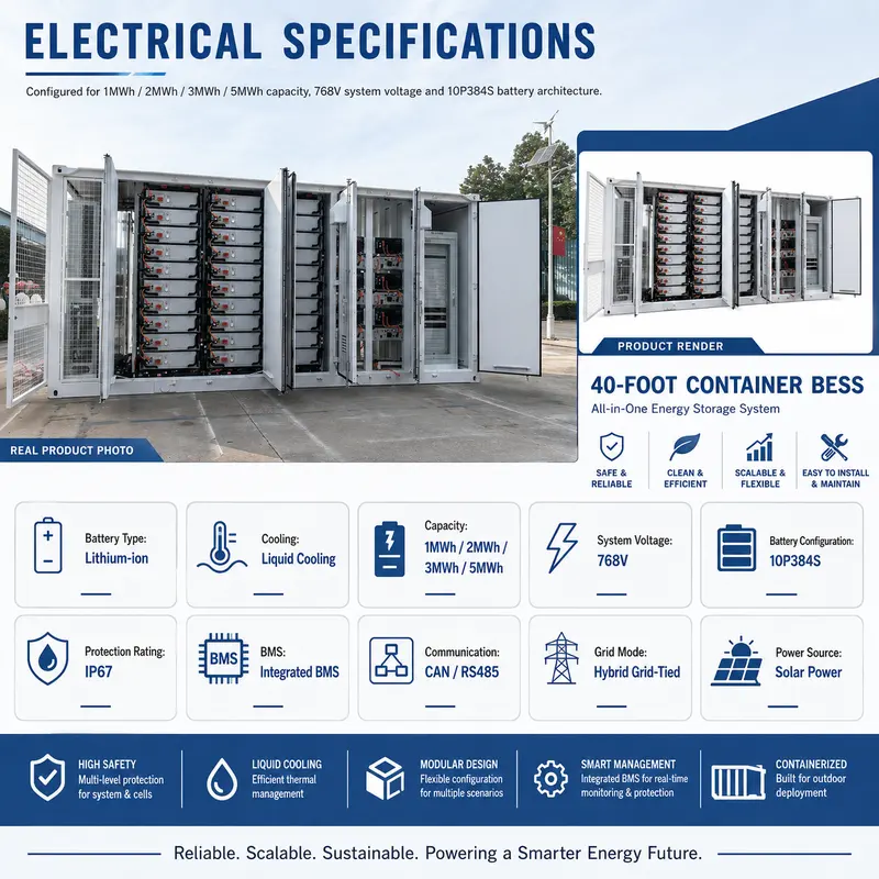 20ft/40ft Containerized Energy Storage System (1–5MWh, Liquid-Cooled BESS, IP67) — specification and nameplate detail