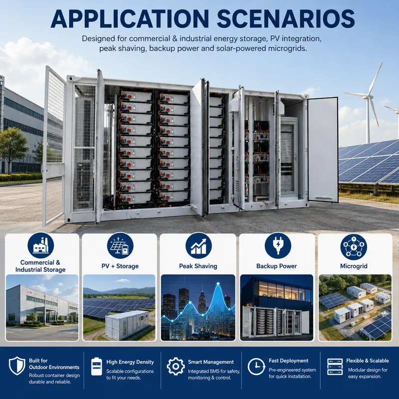 20ft/40ft Containerized Energy Storage System (1–5MWh, Liquid-Cooled BESS, IP67) — typical application
