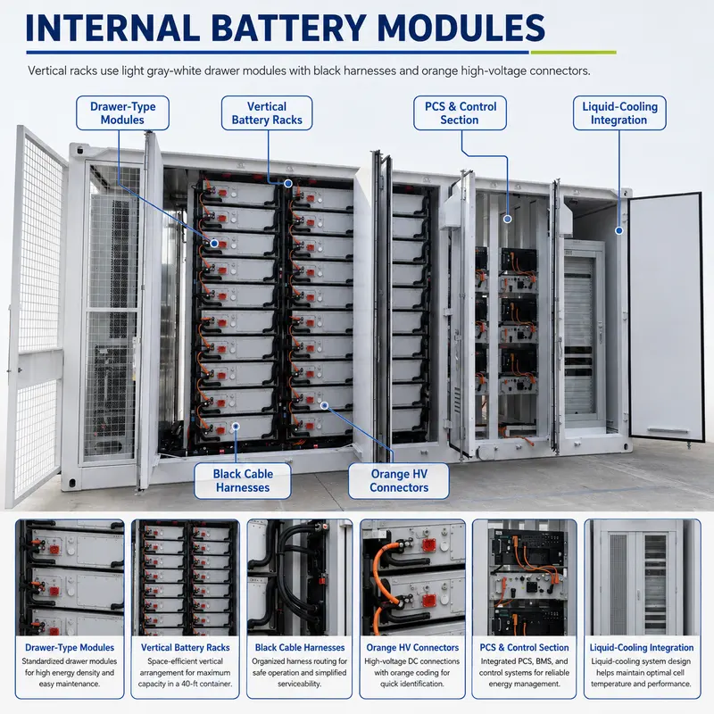 20ft/40ft Containerized Energy Storage System (1–5MWh, Liquid-Cooled BESS, IP67) — internal structure