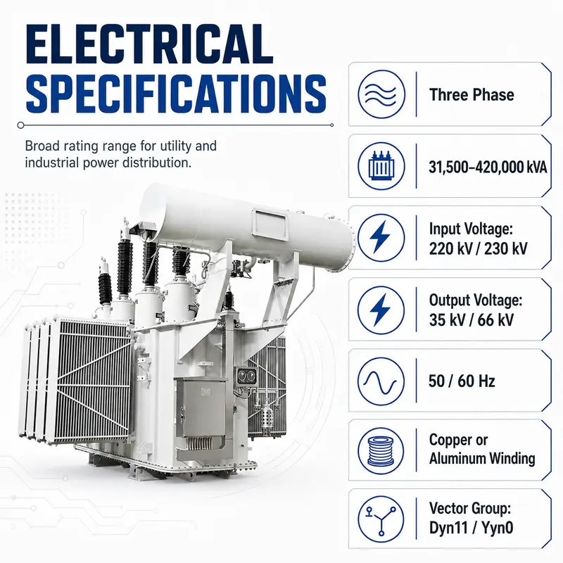 220/230kV Three-Phase Oil-Immersed Power Transformer (31500–420000kVA, 50/60Hz) — specification and nameplate detail