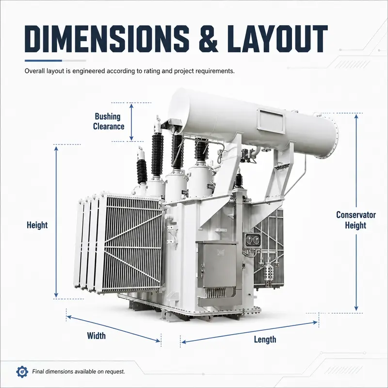 220/230kV Three-Phase Oil-Immersed Power Transformer (31500–420000kVA, 50/60Hz) — dimensions and layout