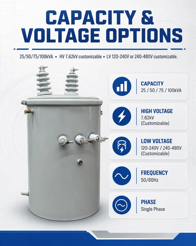 25/50/75/100kVA Single-Phase Pole-Mounted Oil Distribution Transformer — specification and nameplate detail