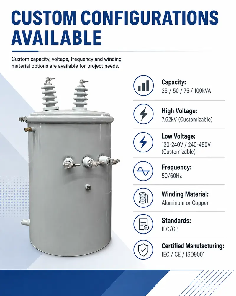 25/50/75/100kVA Single-Phase Pole-Mounted Oil Distribution Transformer — customisation options