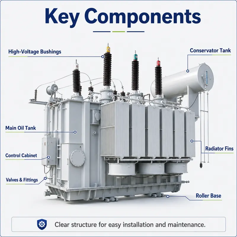 33 / 66 kV Three-Phase Oil-Immersed Power Transformer 15 / 20 MVA — dimensions and layout