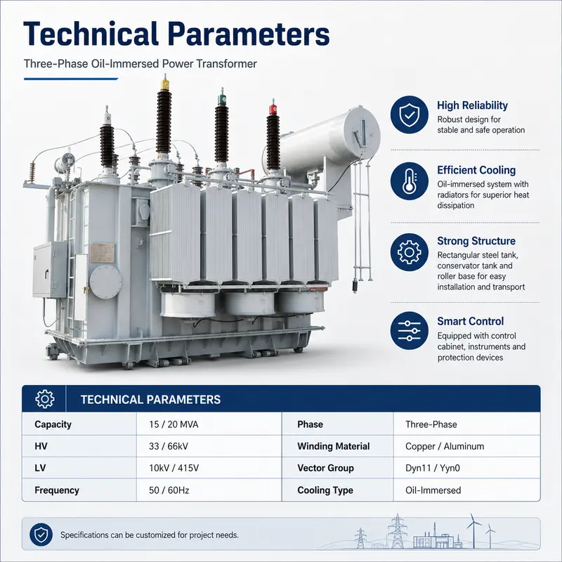 33 / 66 kV Three-Phase Oil-Immersed Power Transformer 15 / 20 MVA — internal structure
