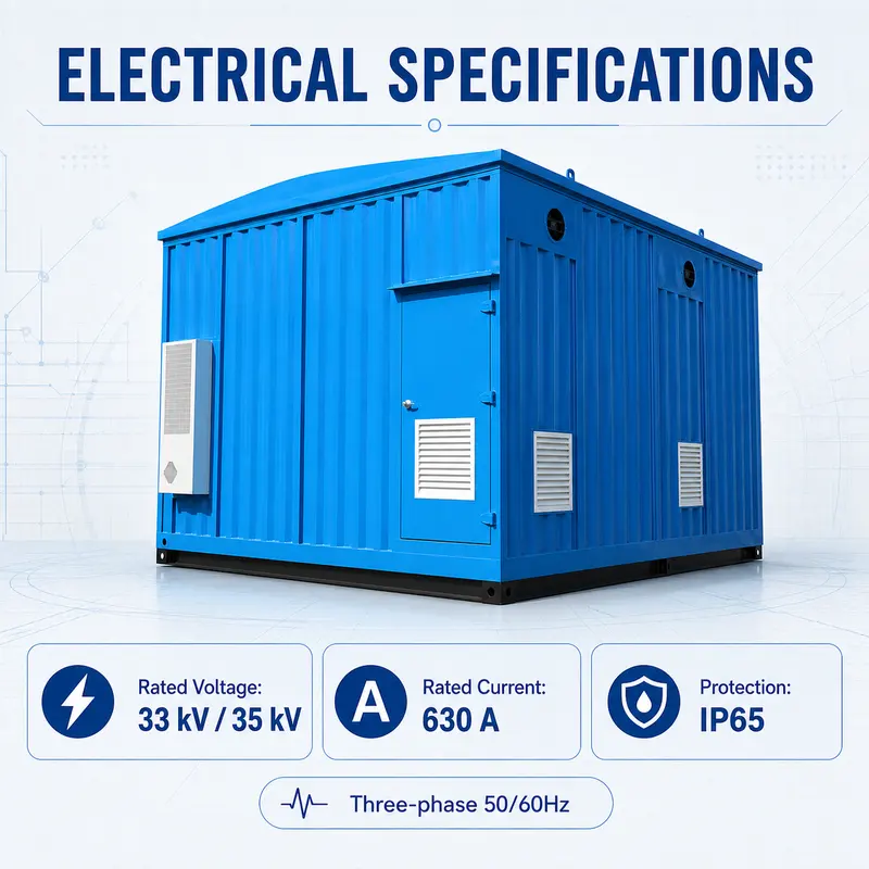 33 kV Containerized Substation with IEC Switchgear — specification and nameplate detail