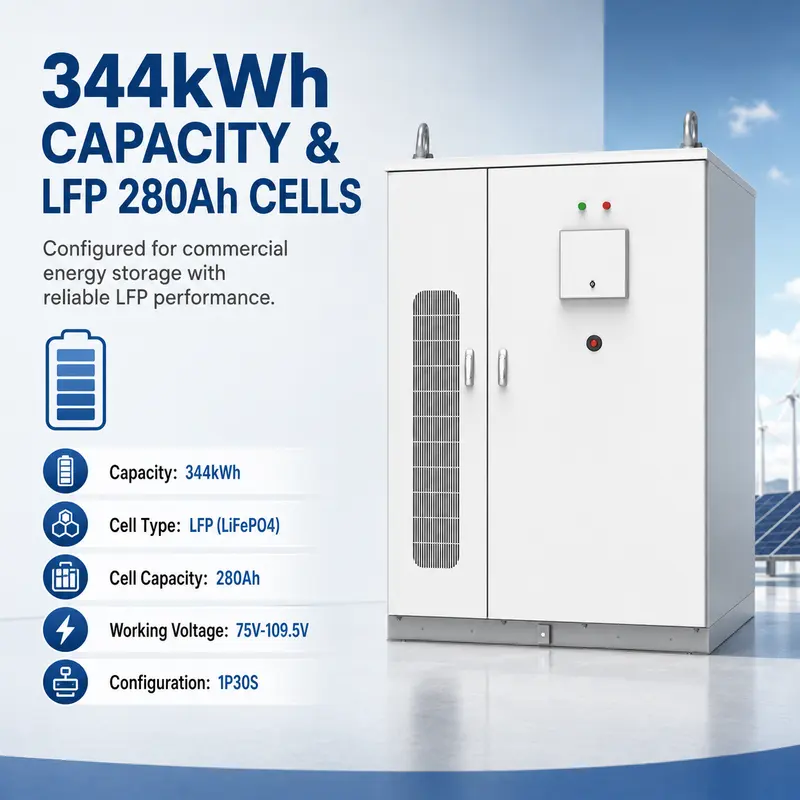 344kWh LFP-280Ah Liquid-Cooled Industrial & Commercial Energy Storage System — specification and nameplate detail