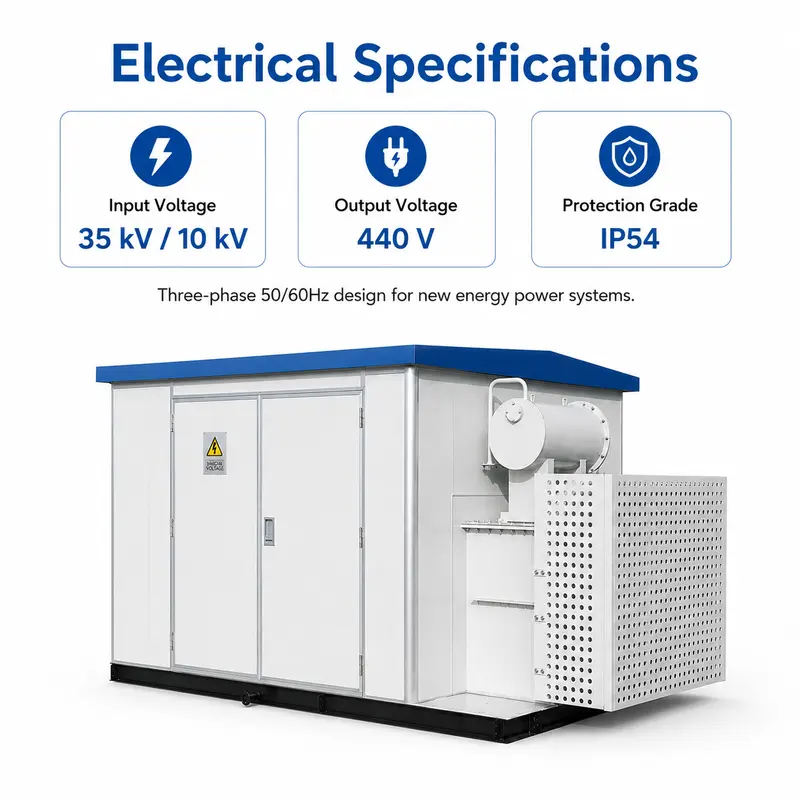 35/10 kV New-Energy Prefabricated European Box Substation — specification and nameplate detail