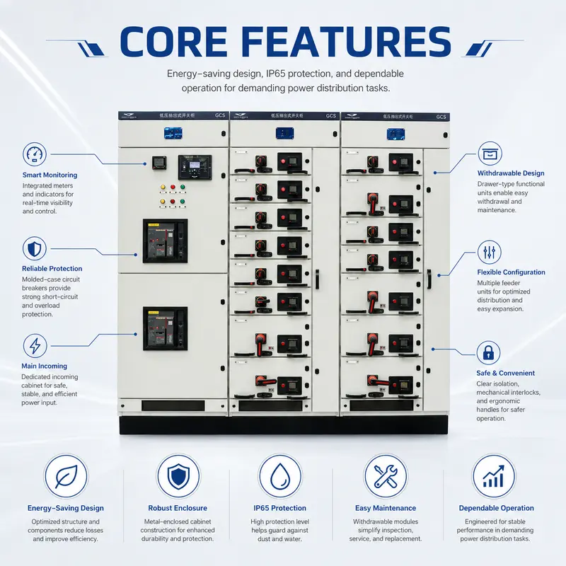 400–480V Low Voltage Power Distribution Switchgear Panel (1600A, IP65, Galvanized Steel) — safety and protection features
