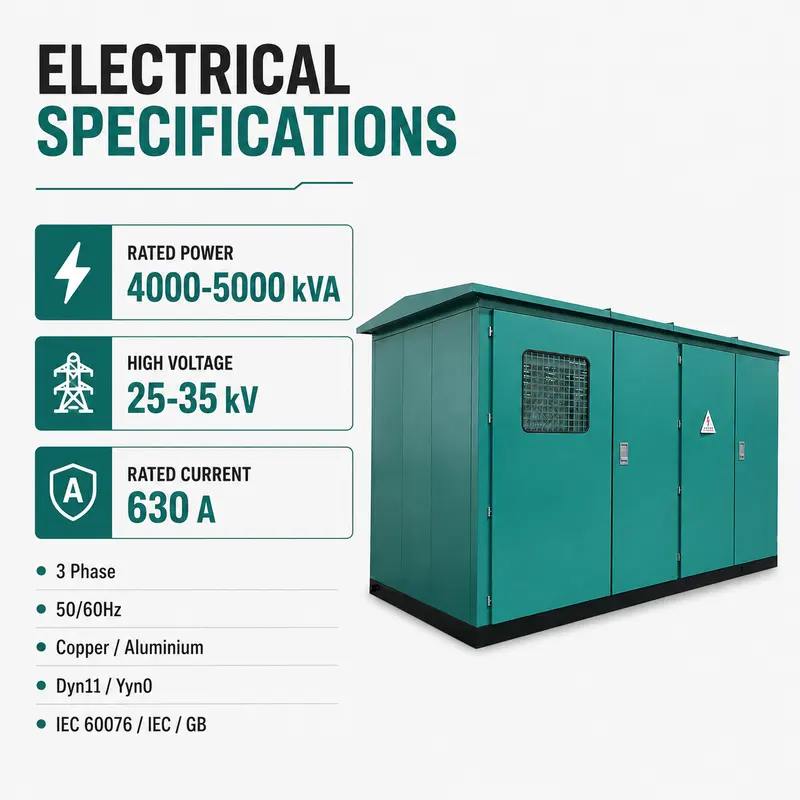 4000 / 5000 kVA 25–35 kV Oil-type Compact Box Substation — specification and nameplate detail