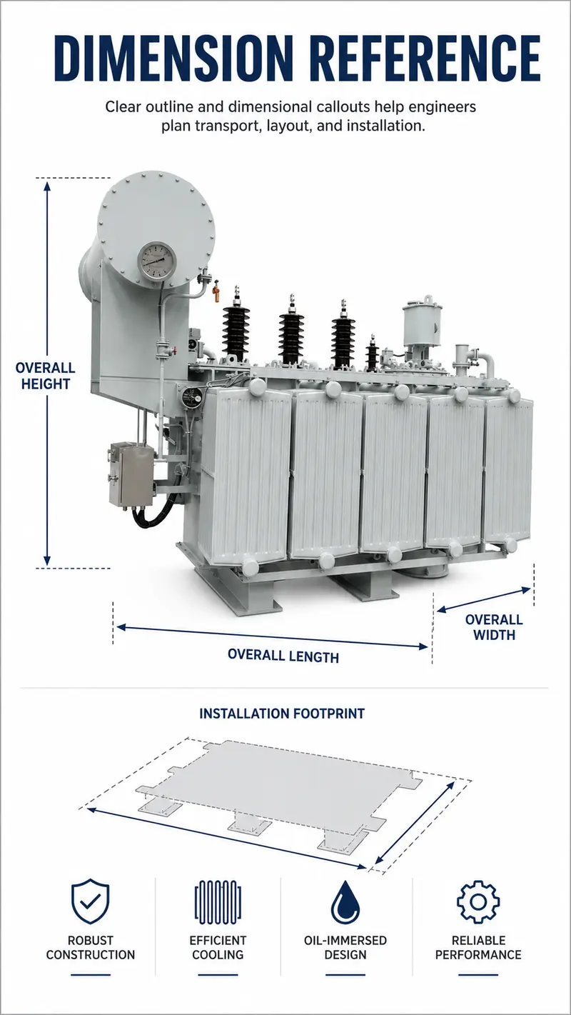 4000kVA 35/10.5kV Three-Phase Oil-Immersed Power Transformer — dimensions and layout