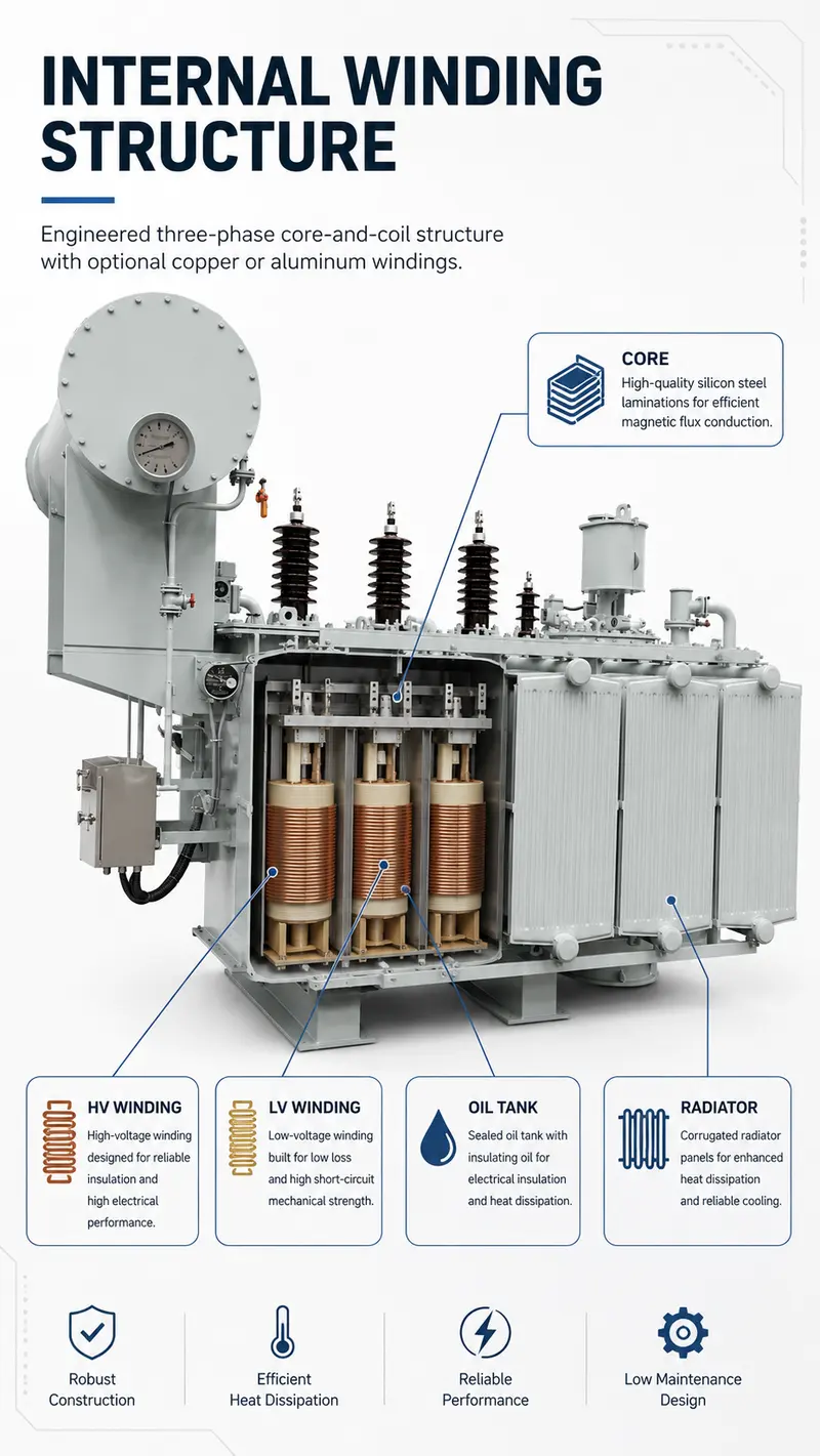4000kVA 35/10.5kV Three-Phase Oil-Immersed Power Transformer — internal structure