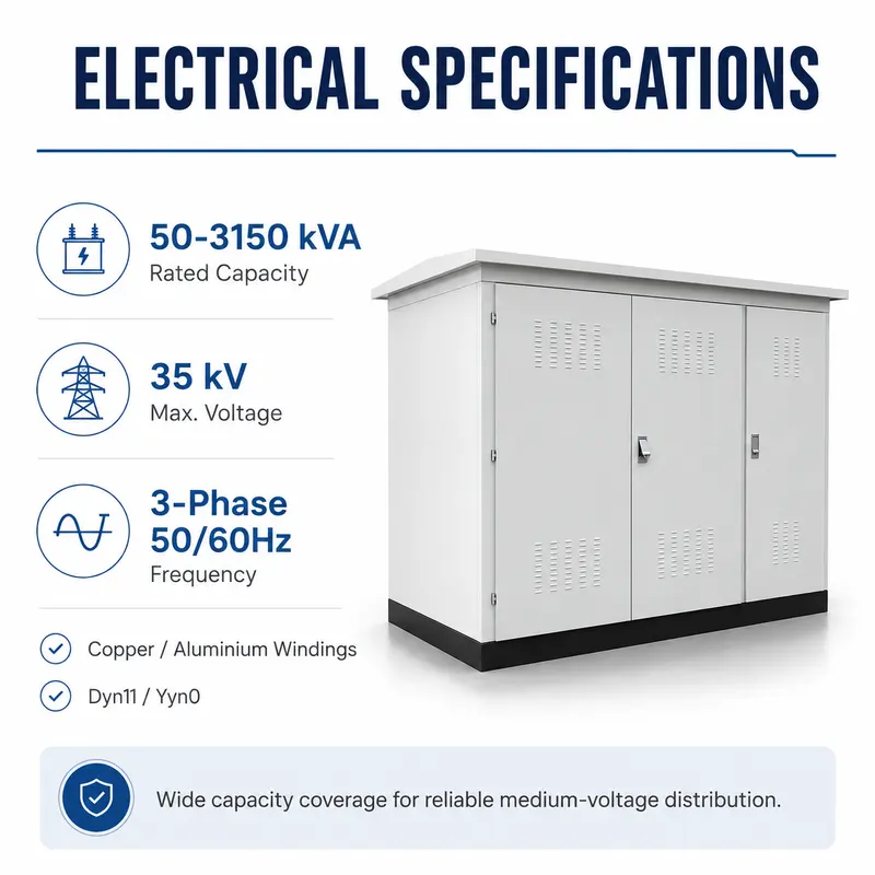 50–3150 kVA Three-Phase Power Box / Container Substation — specification and nameplate detail